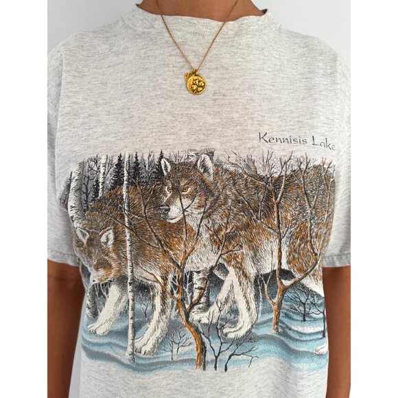 90s vintage grey wolf pack animal nature canada graphic short sleeved tee shirt - Picture 7 of 9